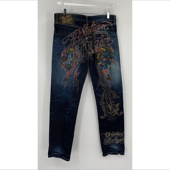 Christian Audigier embellished jeans embroidery skull stud crown blue Y2K men 32 - Picture 1 of 14